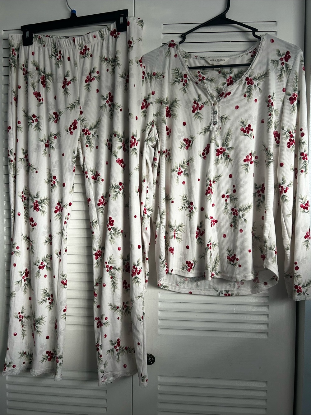 Laura Ashley White Pajama SET with Red Berry and Green Pine Motif